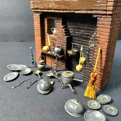 Colonial Cooking Hearth & Pewter Kitchenware Dollhouse Miniatures