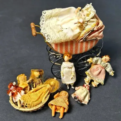 Bodo Henning Pram, Porcelain Baby & Artisan Crafted Babydolls Dollhouse Miniatures