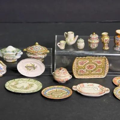 Dollhouse Miniature Porcelain Tableware: Signed S.W. Fish Platter, Gilt Pieces 