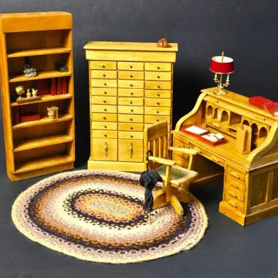 Signed J. Gans Rolltop Desk, Card File & More Dollhouse Miniature Office Decor