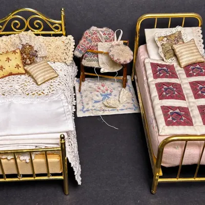 Brass Beds, Crocheted & Quilted Bedding Dollhouse Minatures