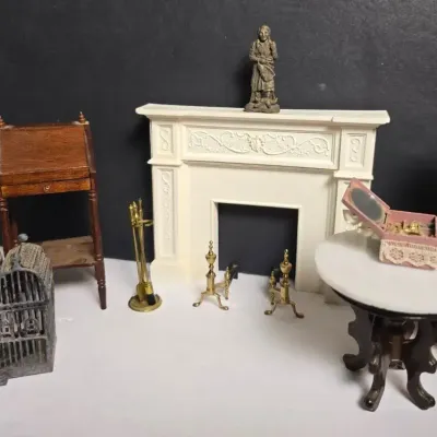 Victorian Parlor Dollhouse Miniatures: Fireplace Mantel, Doll, Writing Desk, Accessories
