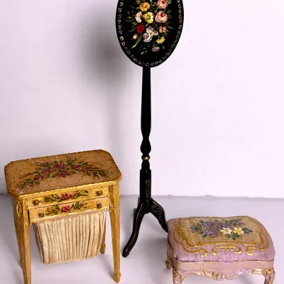 Renee Isabelle Signed Artisan Fireplace Screen, Plus More Painted Floral Dollhouse Miniatures