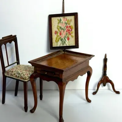 Dennis Jenvey Signed Artisan Miniature Dollhouse Table, Needlepoint Firescreen & Chair