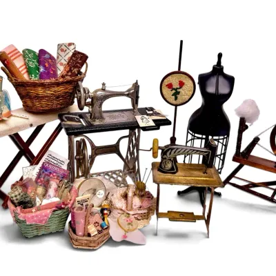 Sewing Room Dollhouse Miniatures: Sewing Machines, Spinning Wheel, Dress Form & Notions