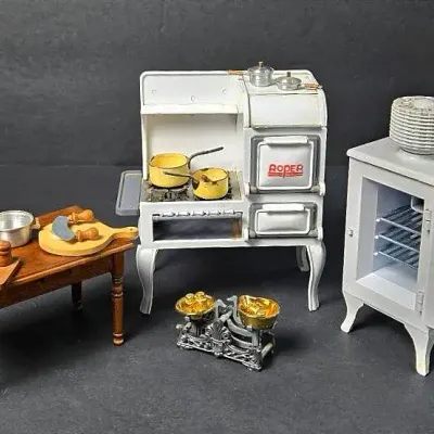 Roper Stove & More Kitchen Dollhouse Miniatures: Hoosier-Style Cabinet, Worktable & Cookware