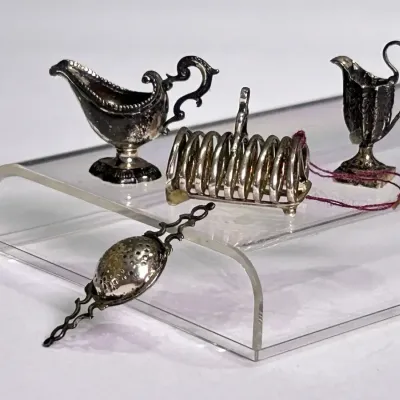 Sterling Silver Dollhouse Miniatures: Gravy Boat, Toast Rack, Pitcher & Tea Strainer - Lot 6