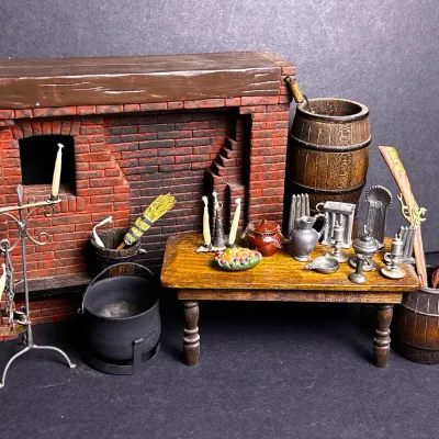 Colonial Candle-Making & Hearth Dollhouse Miniatures: Fireplace, Rifles, Cauldron, Barrels & Pewter
