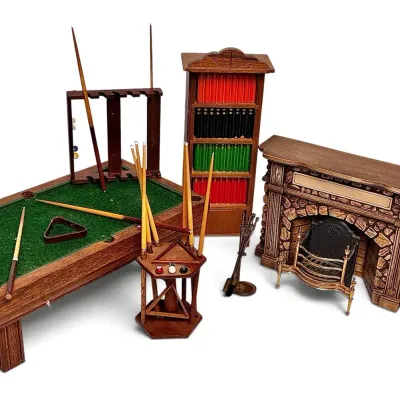 Artisan-Made Billiards Room Miniatures: GEN 90 Pool Table, Cue Rack; Plus Midwest Fireplace, More