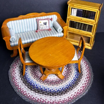Signed J. Gans Dollhouse Miniatures:Barrister Bookcase, Sofa, Table & Chairs