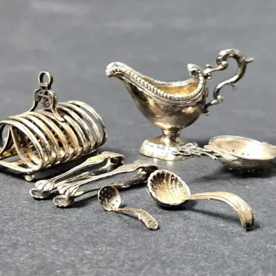 Sterling Silver Dollhouse Miniatures:Toast Rack, Gravy Boat & Serving Utensils- Lot 2