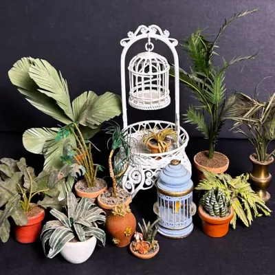 Dollhouse Conservatory Miniatures: Bird Cages, One Attributed to Kummerow, & Potted Plants