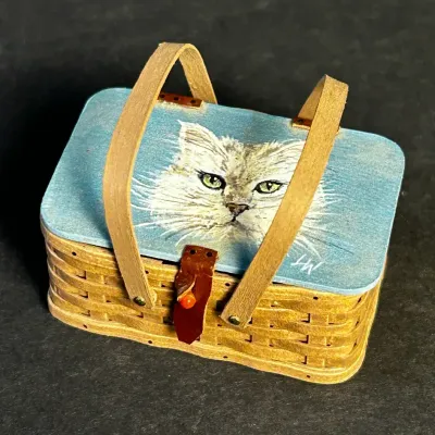 Al Chandronnait Handcrafted Miniature Picnic Basket with Signed Hand-Painted Cat Lid