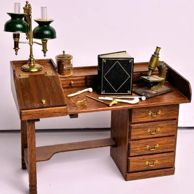Miniature Signed Artisan Gentleman’s Writing Desk with Microscope, Lamp, Books & Accessories