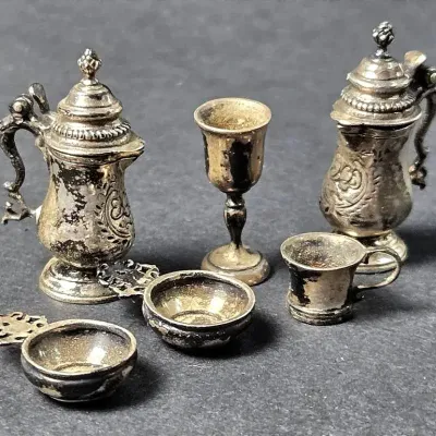 Obediah Fisher Sterling Silver Dollhouse Miniatures: Chocolate Pots, Goblet, Cup & Porringers -Lot 9