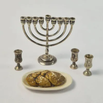 Sterling Silver Pete Aquisto Judaica Dollhouse Miniatures: Hannukah Menorah, Kiddush Cups, More
