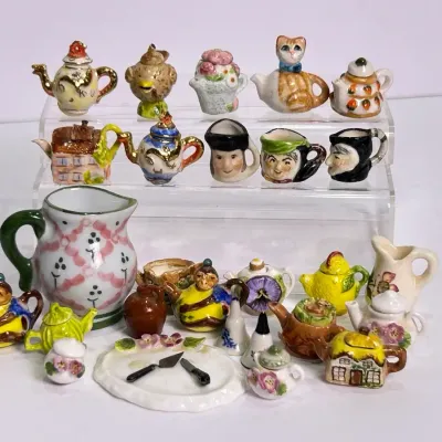 Ceramic Dollhouse Miniatures, Some Signed: Teapots, Toby Mugs, Bells, More