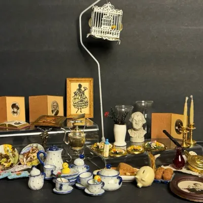 Dollhouse Miniature Decor: Kummerow Attributed Bird Cage, Tea Service, Portraits & More