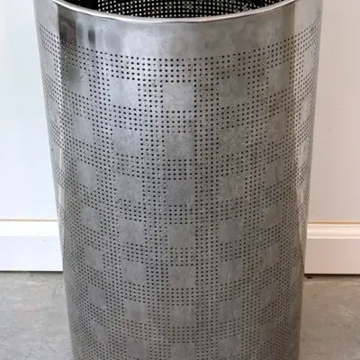 Large Perforated Metal Chrome/Stainless Deco Trash Can, Round