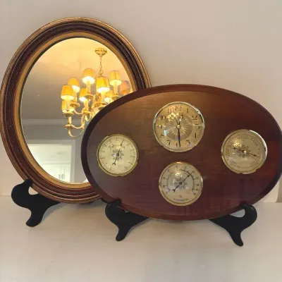 Vintage Mahogany Oval Mirror With Weather Station