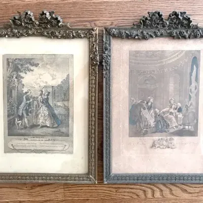 Two Antique Hand Colored French prints, La Promenade Du Soir, Countess Ogny-launay 