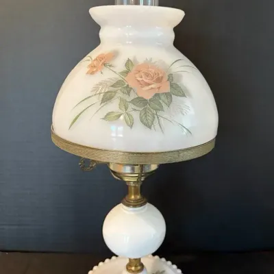 Vintage Milk Glass Hurricane Table Lamp, Hand Painted 