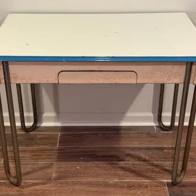 Porcelain Enamel Top Art Deco Style Work Table W/ Tubular Loop Legs