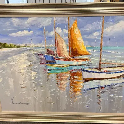 Large 56” Younok Kim Signed Original Harbor Sailboat Painting – Framed 