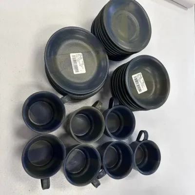 Set of Blue/green Pottery Cups, Saucers, And Bread Plates 