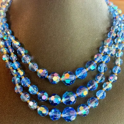 Vintage Blue Aurora Borealis Faceted Crystal Bead Triple Strand 16 Inch Necklace Japan