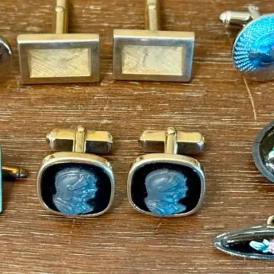 
Collection Of Vintage Cuff Links - Enamel - Intaglio - Blue Rhinestone