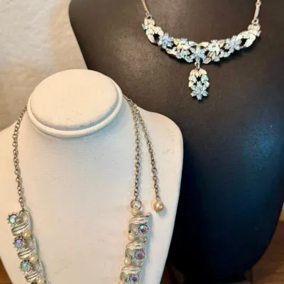 (3) Mid Century Metal Collar Bibb Necklaces Aurora Borealis & Blue Stones