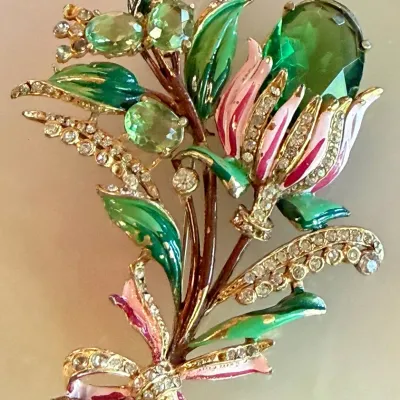Vintage 1940's Enamel And Large Green Stone Brooch
