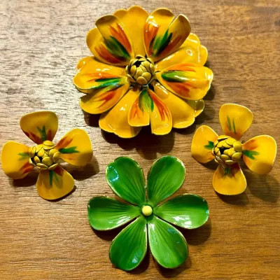 Vintage 60's Mod Multi Color Enamel Flower Brooch & Matching Earrings - Sandor Co Green Enamel Pin