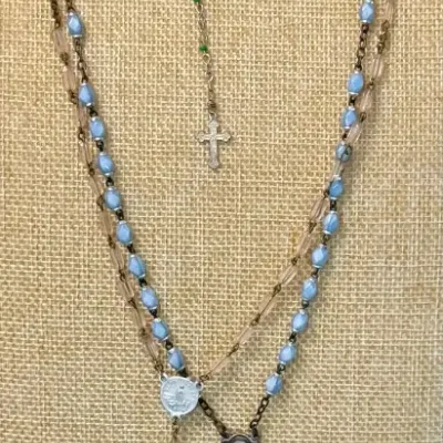 (3) Vintage Rosaries Blue Satin Glass Lourdes France - Pink Glass & Green Glass