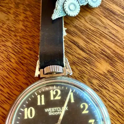 Vintage Westclox Scotty Black Front Pocket Watch With A Patten Caterpillar Watch Fob