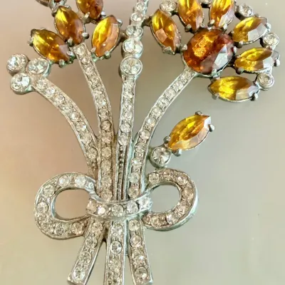 
Antique Art Deco Faceted Orange Glass Brooch With Rhinestones