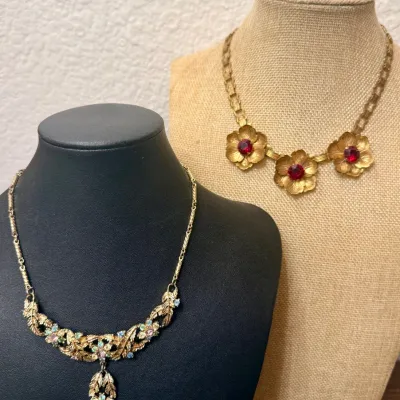 (2) Mid Century Necklaces - Gold Tone Flower Flat Link & Colored Rhinestone Bibb Necklace (as Is)