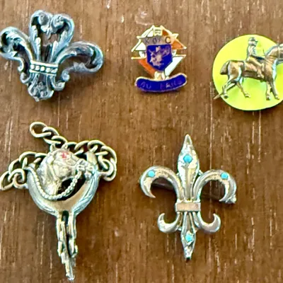 
Antique Fleur De Lis Flower Sterling Silver Pins - Enamel Sterling K Of C Pin - Horse Pin 14.14 Grams