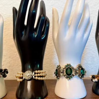 (4) Vintage 7 Inch Bracelets - Glass Bead - Faux Pearl - Green Rhinestone
