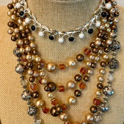 
(3) Vintage Necklaces Japan Multi Strand - Metal Black & White & Silver Tone Rose Bead W Earrings