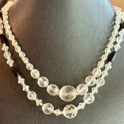 (2) 16 Inch Antique Rock Crystal Faceted Art Deco Necklaces (1) Jet Beads