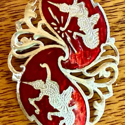 Vintage Sterling Silver Siam Red Enamel Pin Brooch - Weight 9 Grams