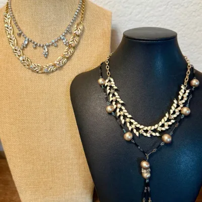
(4) Vintage Metal And Rhinestone Necklaces - Faux Pearls - Hook Closures