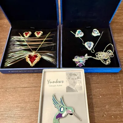 (2) CDE Angel Wing Necklace And Earring Crystal Stone Sets In Original Box & Yunkins Gitxsan Humming Bird