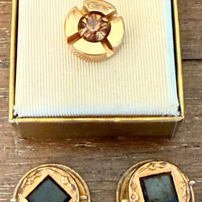 Antique 1875 Cuff Links And Rhinestone Tie Tack