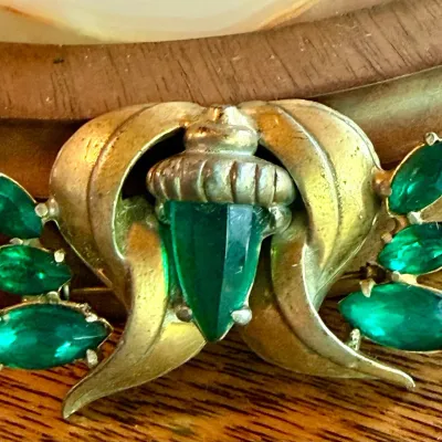 Antique Brass And Green Glass Acorn Brooch