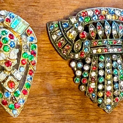 (2) Antique Art Deco Pot Metal Multi Color Rhinestone Dress Sweater Clips
