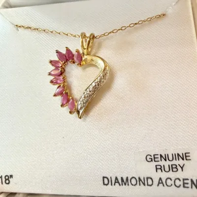 18k Gold Plate Over Sterling Necklace And Heart Pendant W Rubies & Diamonds And Original Box