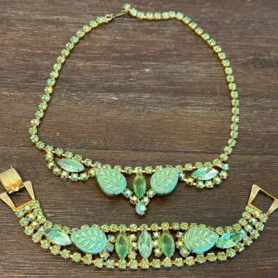 1950s Lime Green Rhinestone Necklace And Matching Bracelet Set Featuring Molded Glass Leaf Accents And Brillia